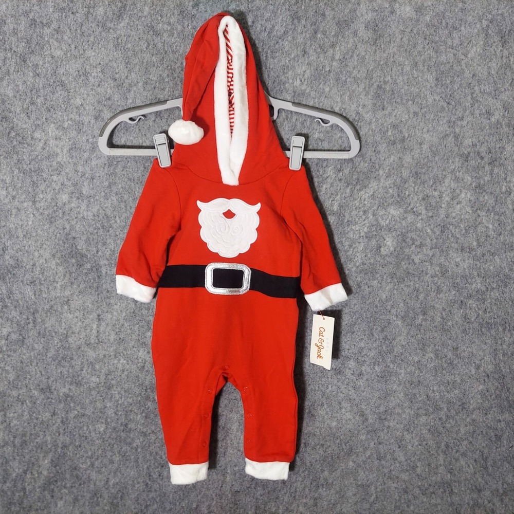 Cat & Jack‎  Suit 0 3 Month Christmas Santa Embroidered Beard Belt Hooded Snaps